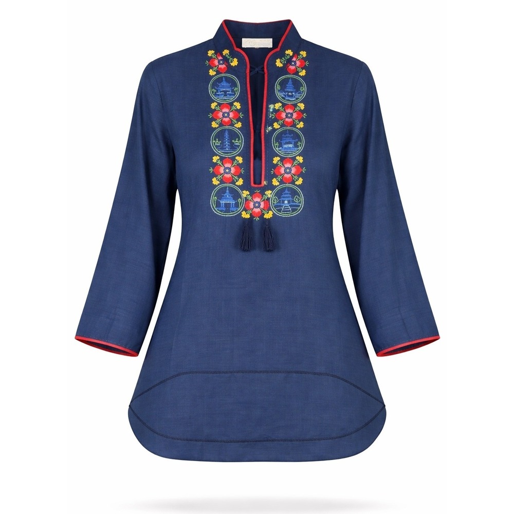 Vintage 70's - 80's Lily China Embroidered Tunic Blouse Boho Asian‎ Floral M